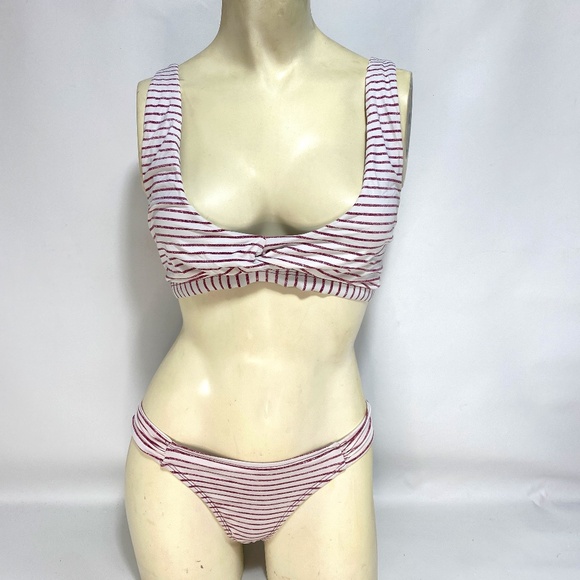 Quint Soul Womens Bikini Medium Stripe Burgundy White Pull On Lined Beach Pool - Picture 1 of 11